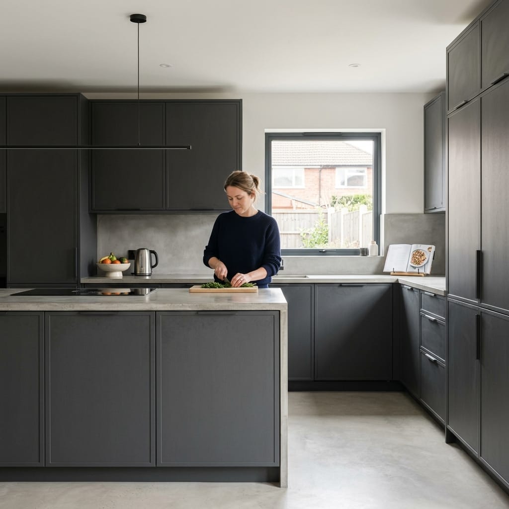 square2_800x800-113 Modern dark grey kitchen with concrete island and minimalist layout
