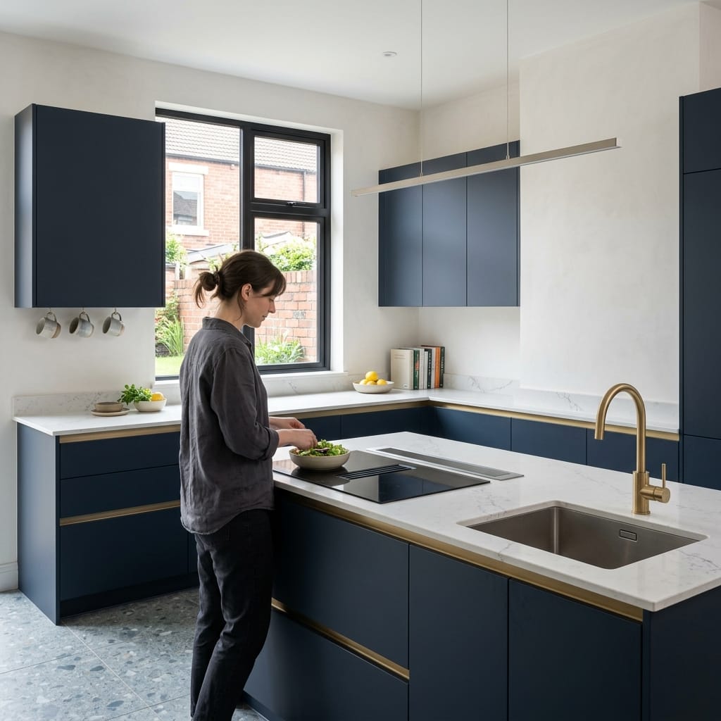 Modern Mastercraft kitchen with matte navy units and gold handles