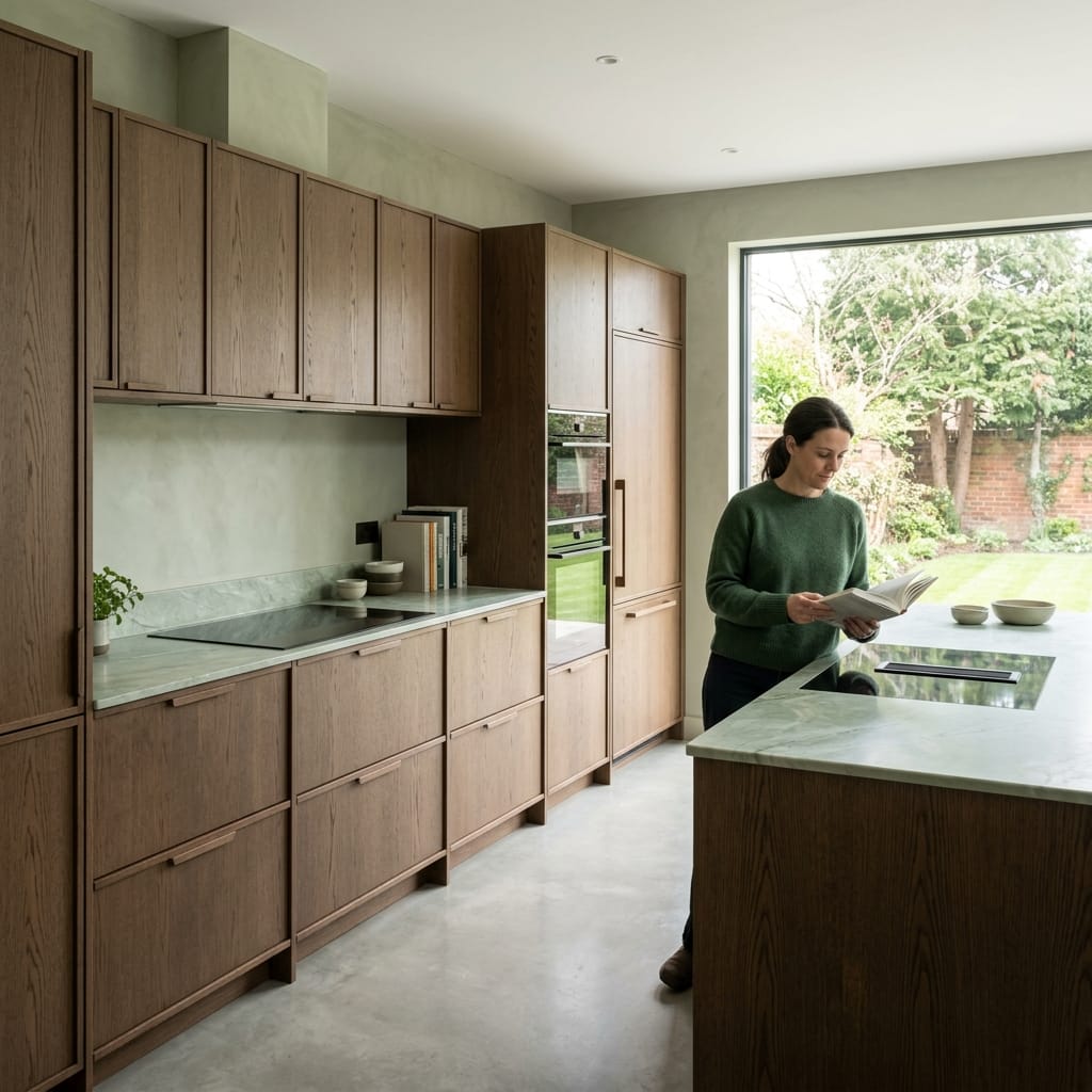 wooden kitchen units with pale green marble worktops and large garden window