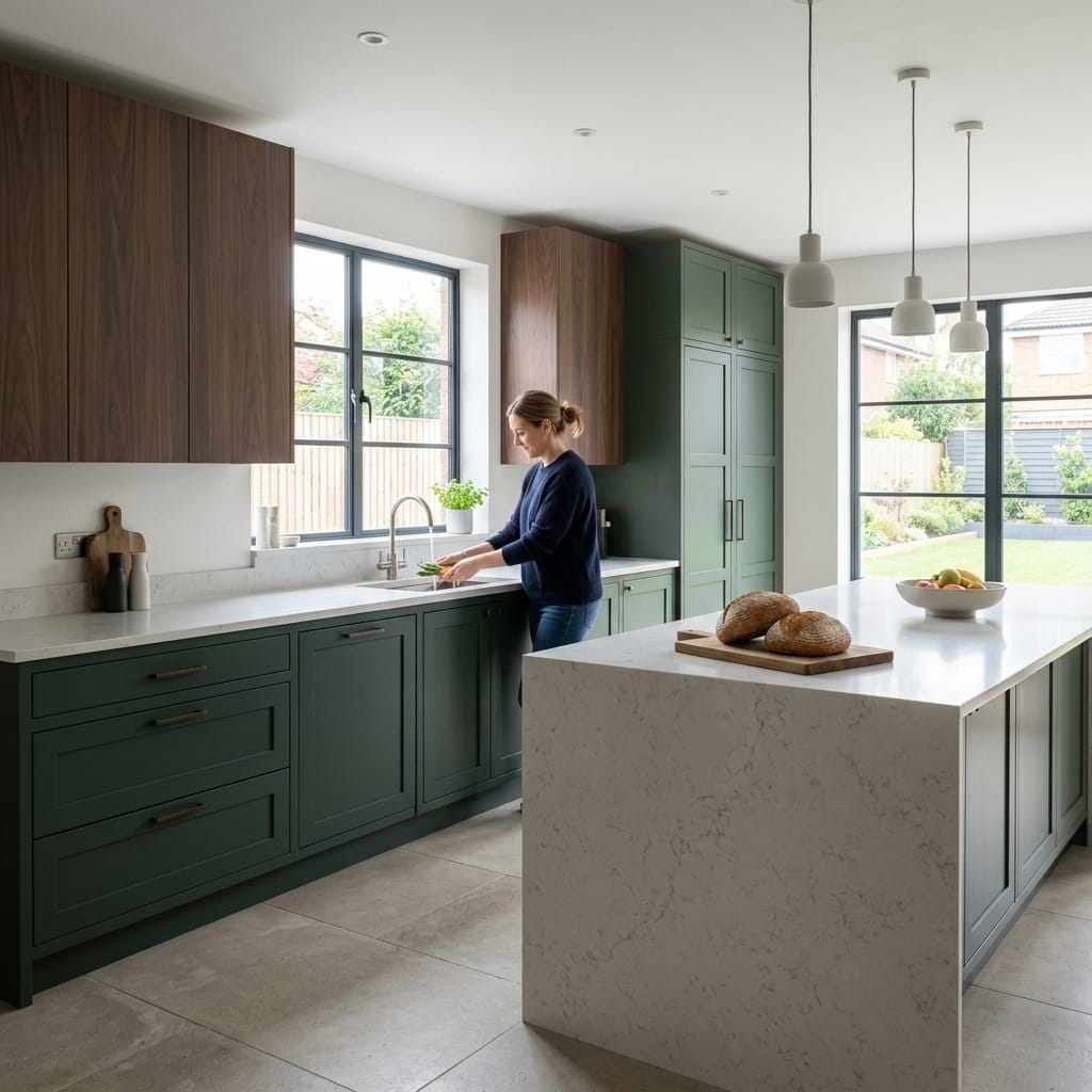 square2_800x800-119 modern kitchen with green units, marble island and large windows