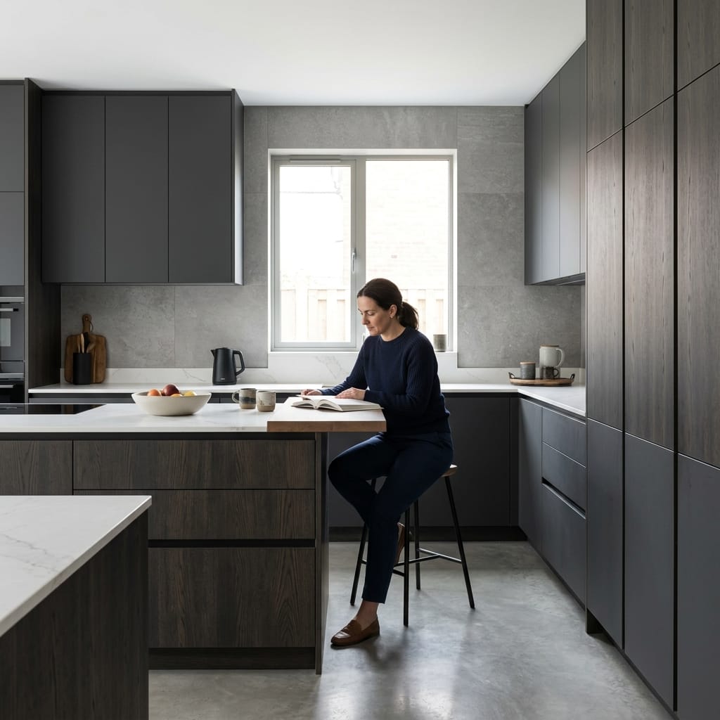modern kitchen with dark wood cabinets and grey walls, woman reading at island
