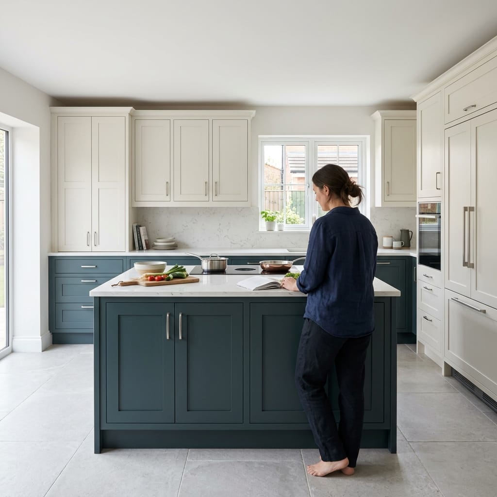 square2_800x800-122 two-tone kitchen with blue island, white worktops and shaker style units