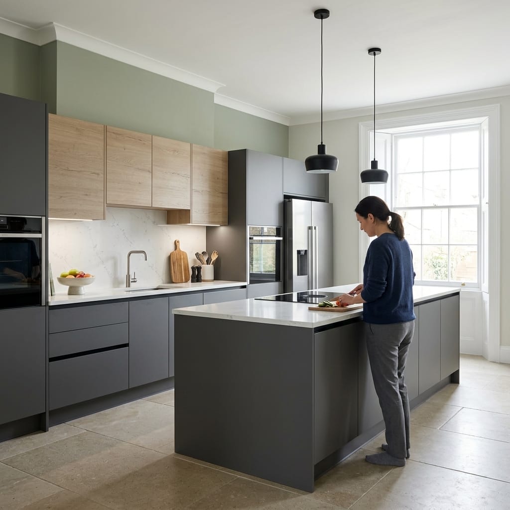 matte grey units with light wood accents and large central island