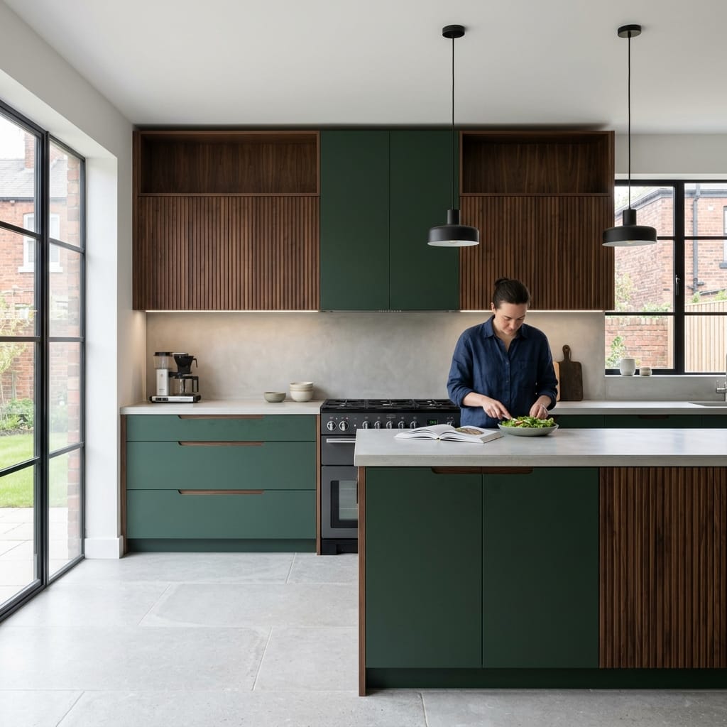 modern kitchen with dark green cabinets, wood accents and large windows