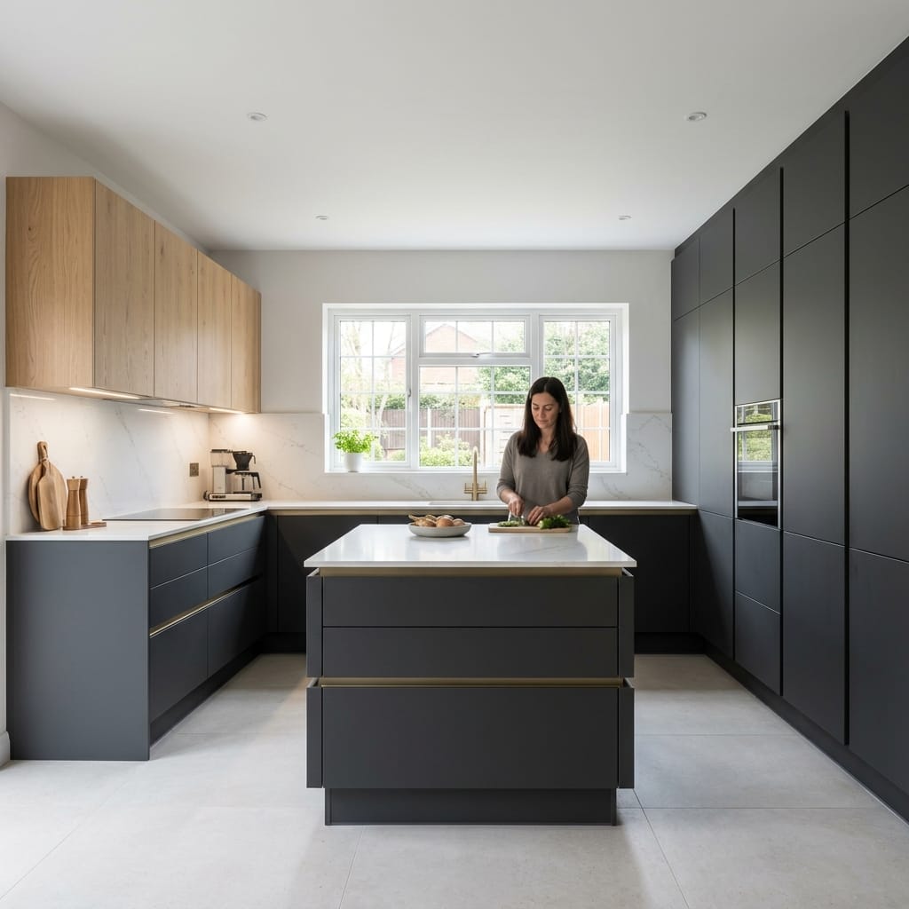 square2_800x800-127 matte black kitchen units with wood accents and central island