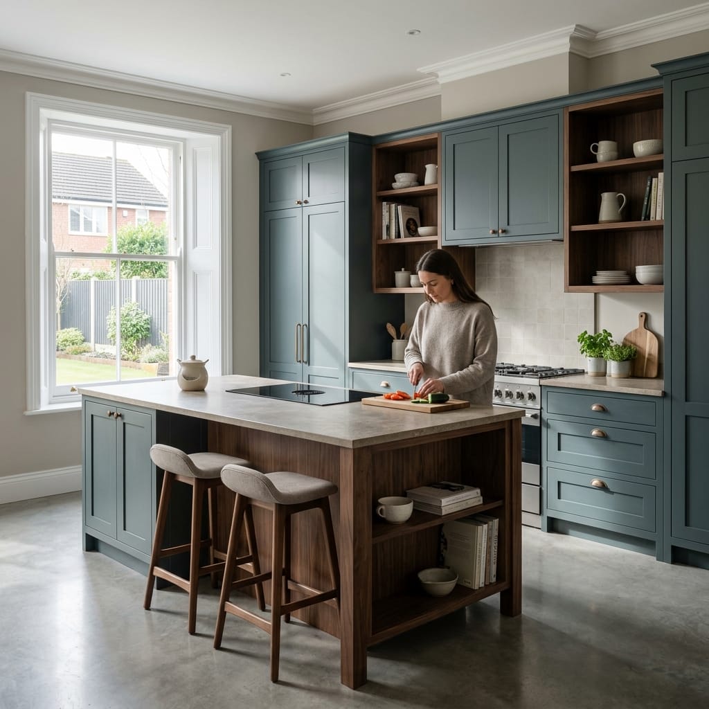 Modern kitchen with blue cabinets, wood accents and large window, Mastercraft kitchen