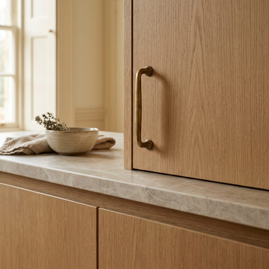 square2_800x800-13 light wood cupboards with brass handle and stone worktop