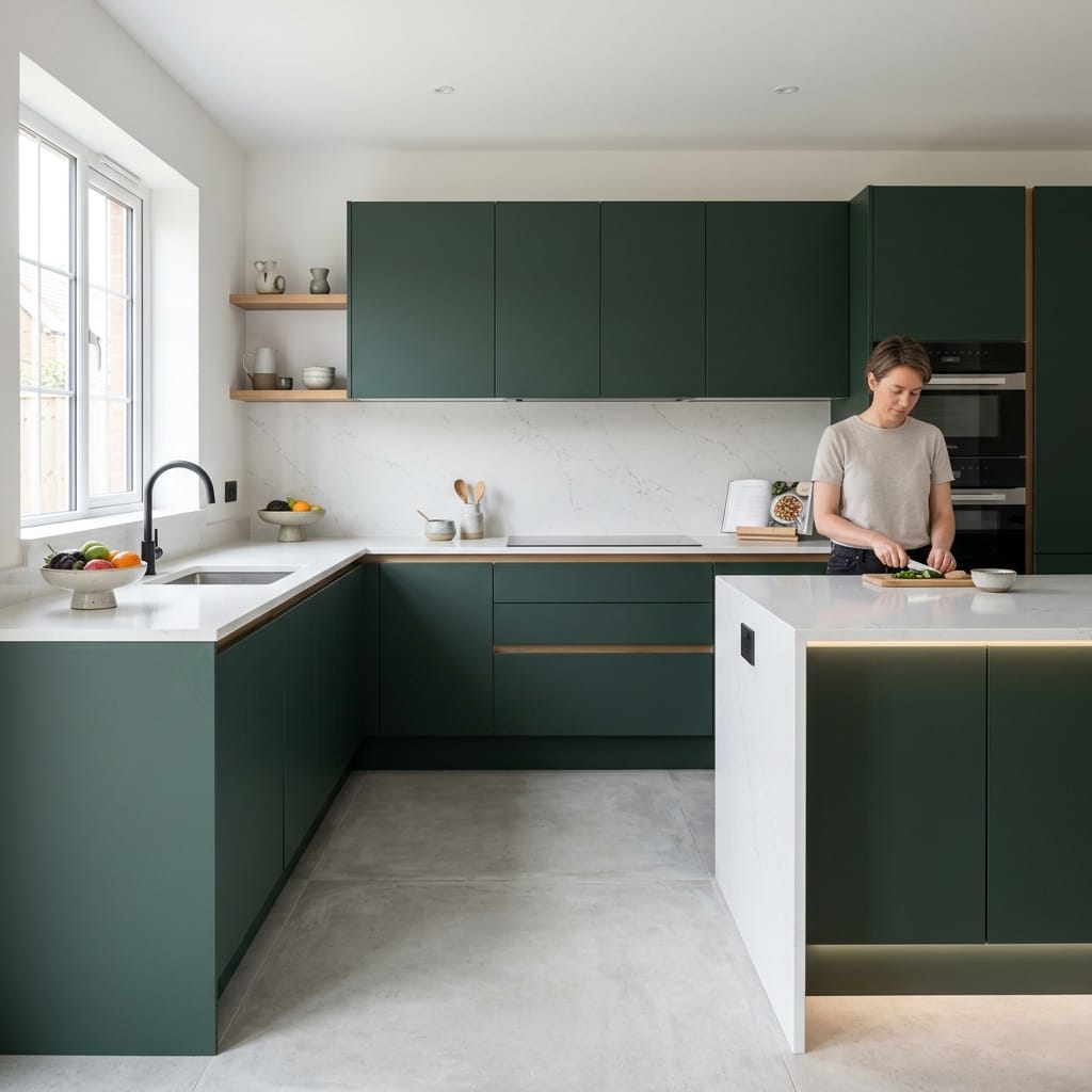 matte dark green kitchen units with white worktops and under-cabinet lighting
