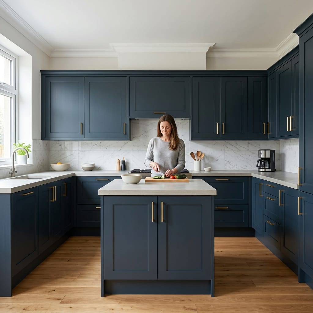 navy blue kitchen units with gold handles and marble splashback