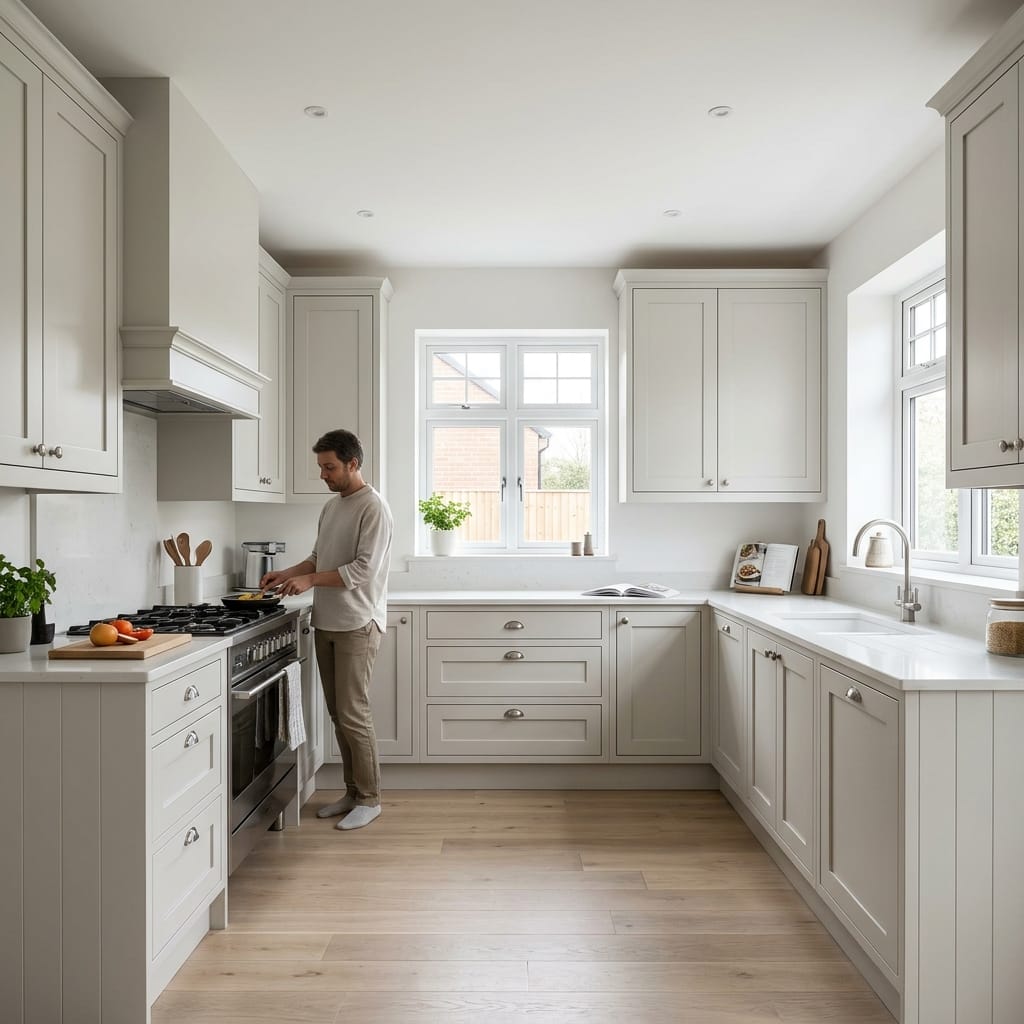square2_800x800-138 light grey shaker kitchen with wooden floor and large windows