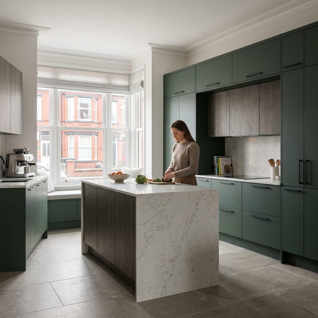modern kitchen with green cabinets and marble island, large window seat