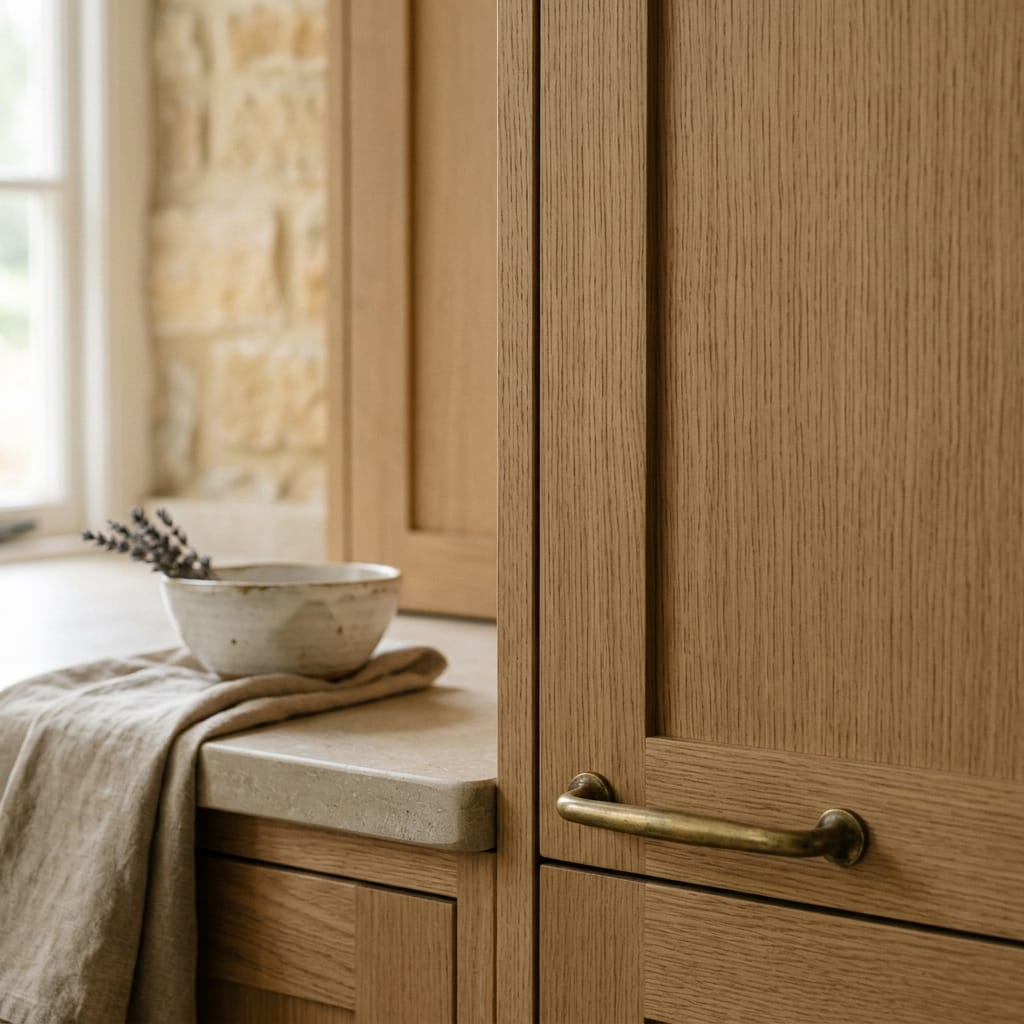 light wood panels with brass handle and stone countertop detail