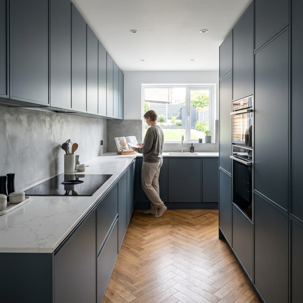 matte blue kitchen units, marble worktops, herringbone wood floor, concrete splashback