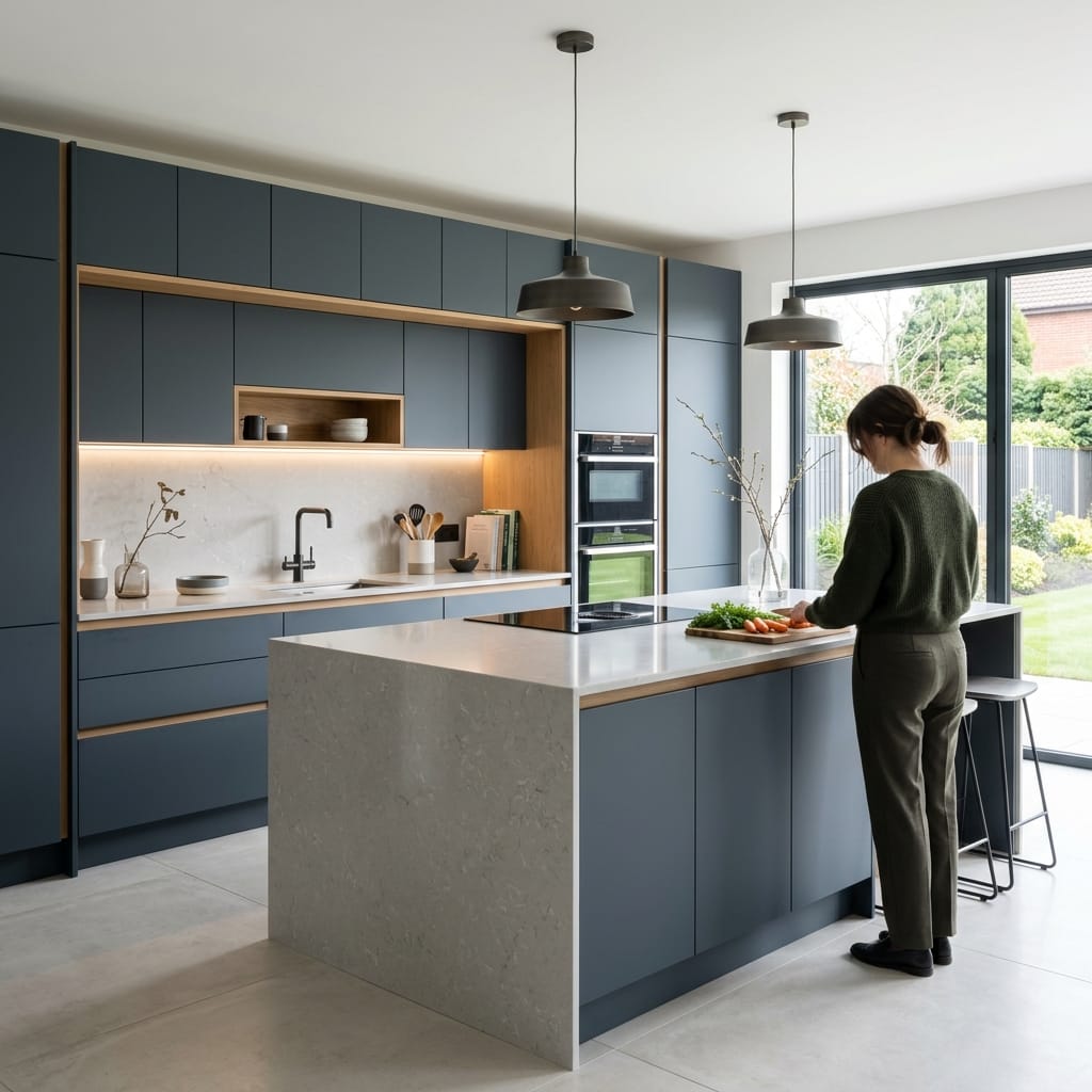 modern kitchen with matte blue cabinets, white island and large garden window