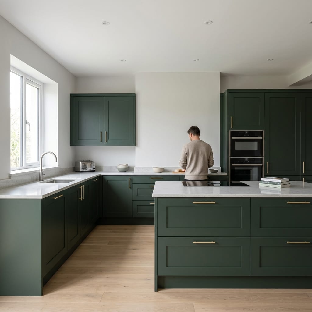 modern kitchen with green cabinets, marble worktops and light wood flooring