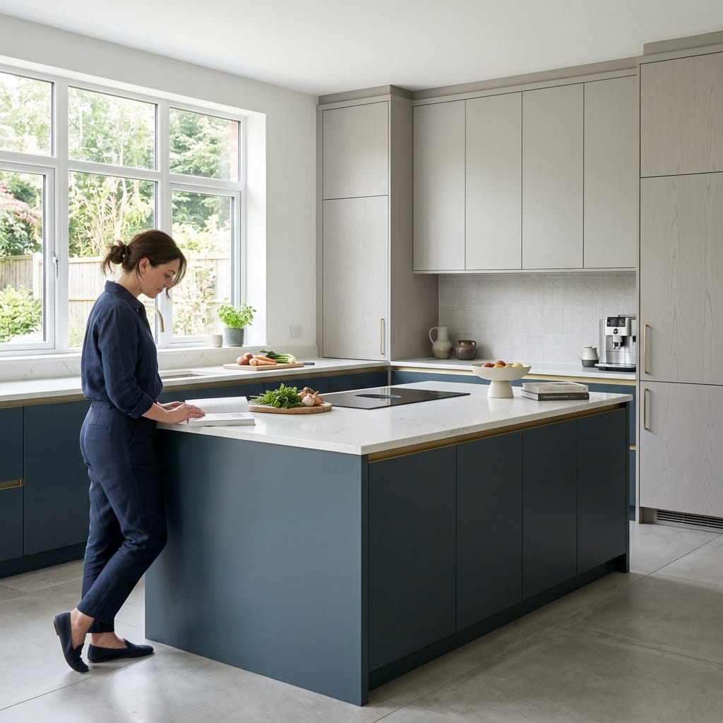modern kitchen with blue island, white worktops and large window
