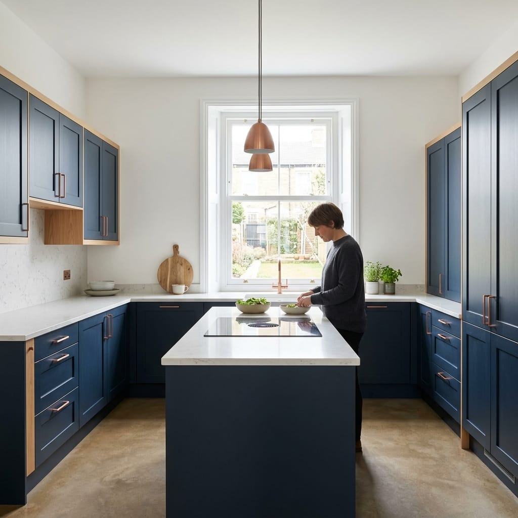 square2_800x800-144 Modern kitchen with navy blue units, white worktops and copper pendant light