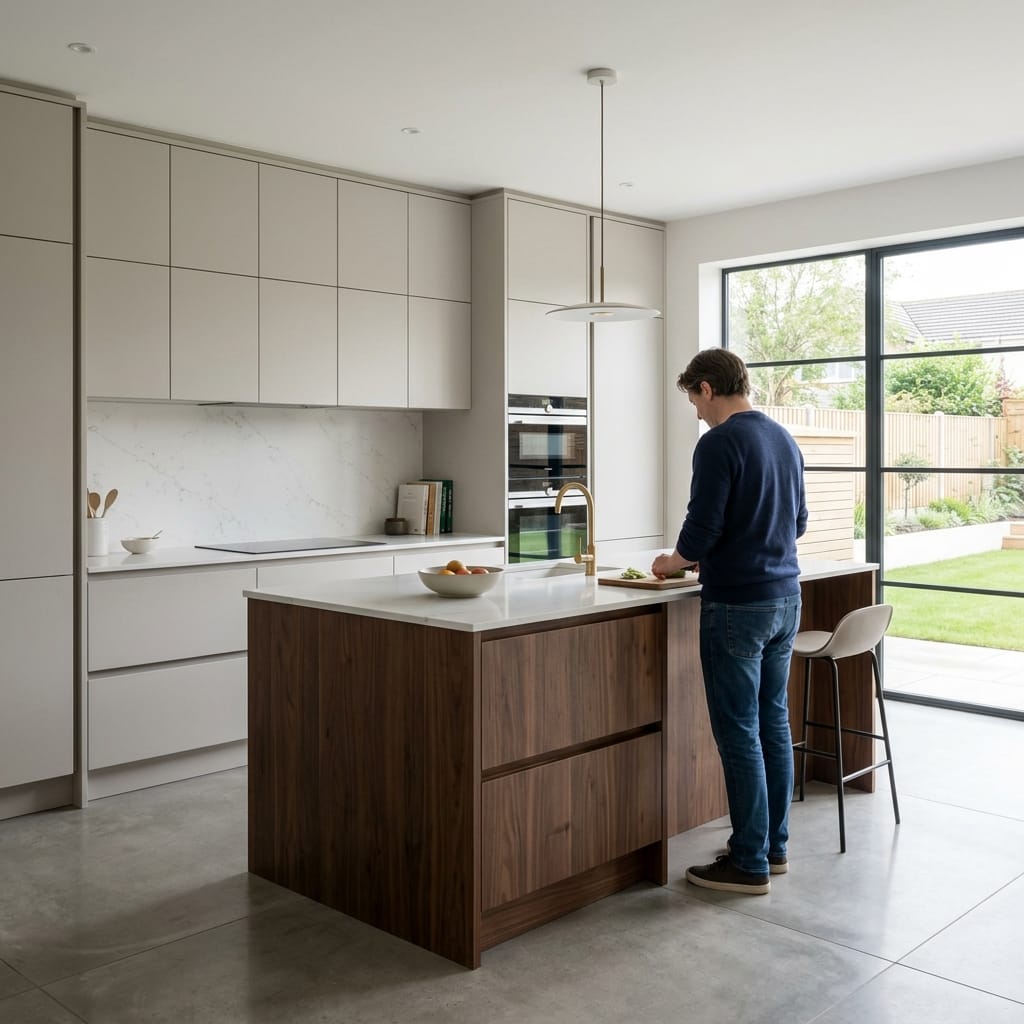 square2_800x800-146 Modern Mastercraft kitchen with walnut island, pale cabinets and large garden window