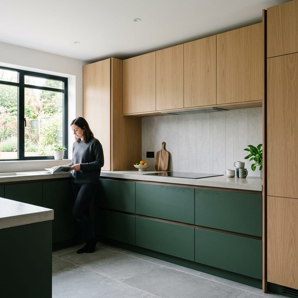 square2_800x800-149 green and wood kitchen units with large window and pale stone worktops