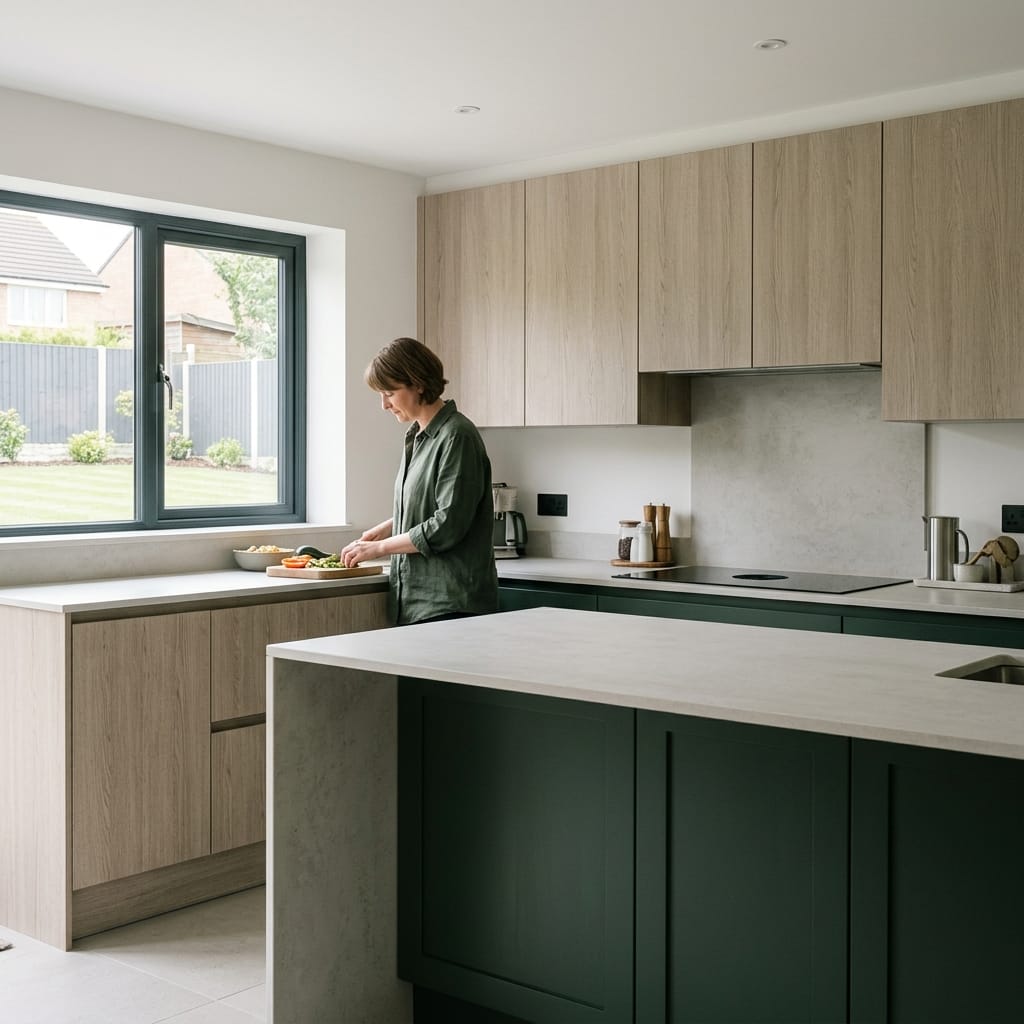 modern kitchen with matt green units, pale wood cupboards and stone worktops