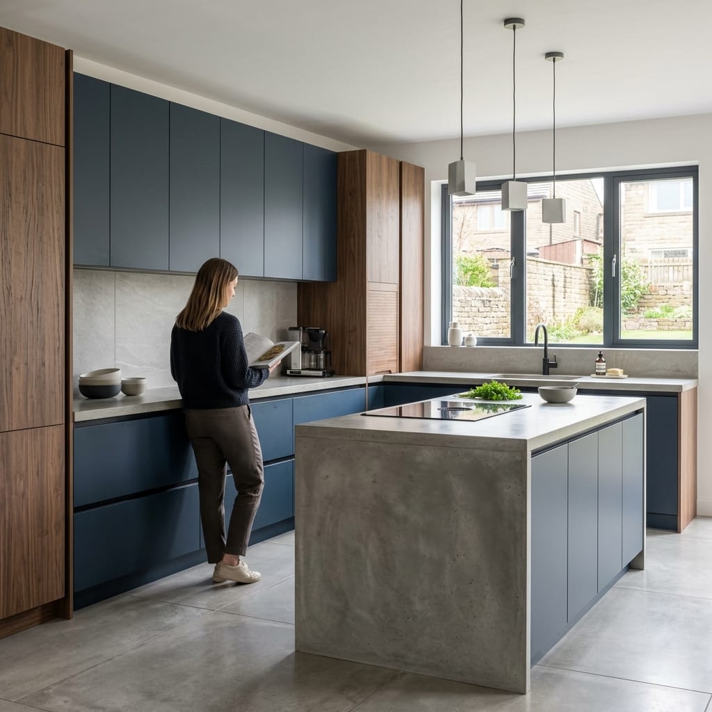 matte blue and wood kitchen with concrete island and large window