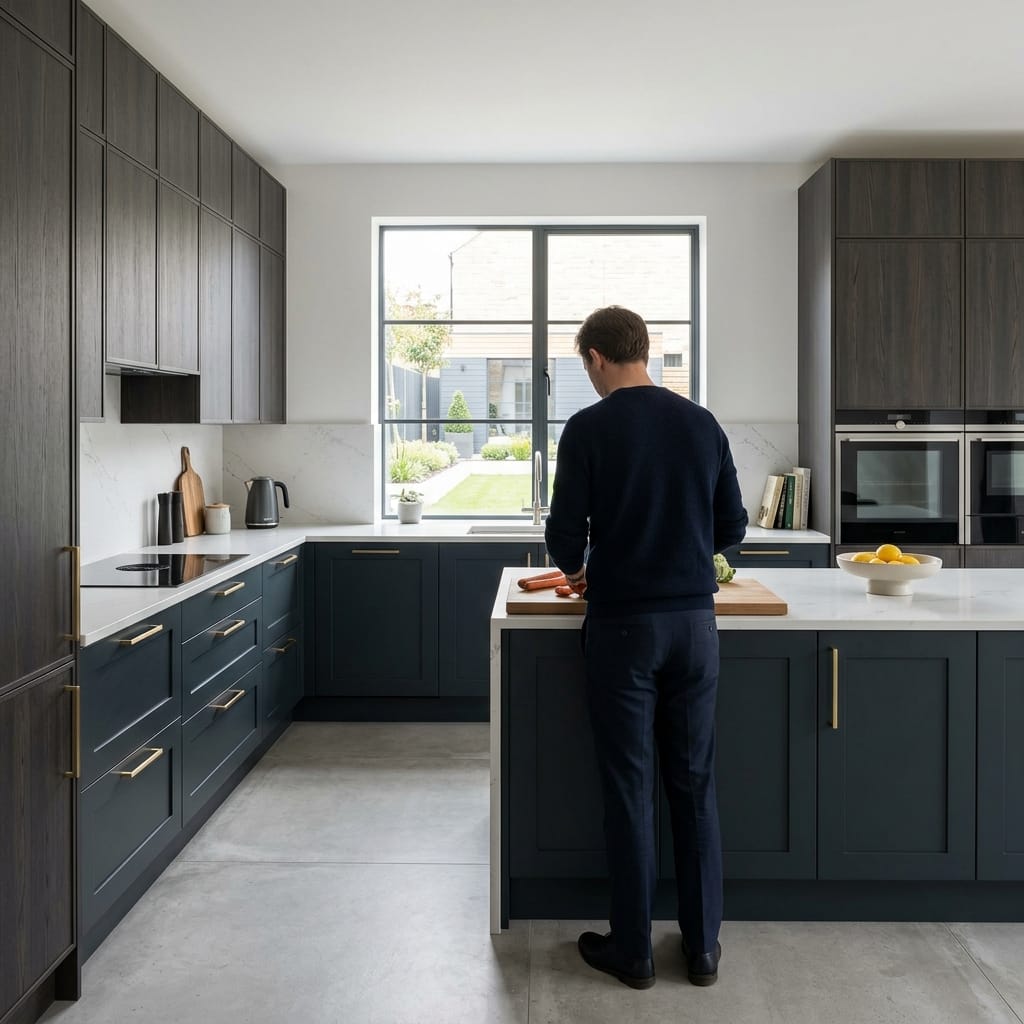 square2_800x800-153 Modern kitchen with dark cabinets, marble worktops, large window and central island