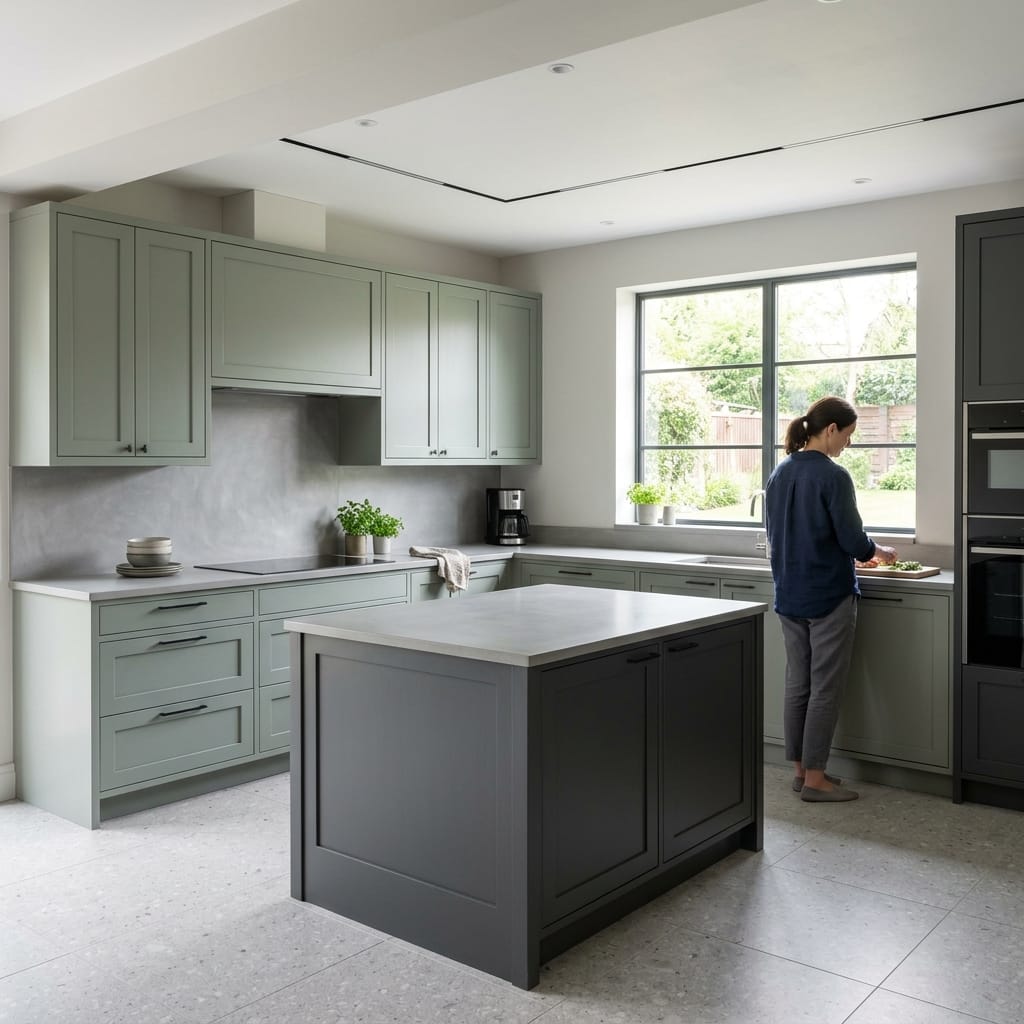 sage green and charcoal kitchen units with large window and central island