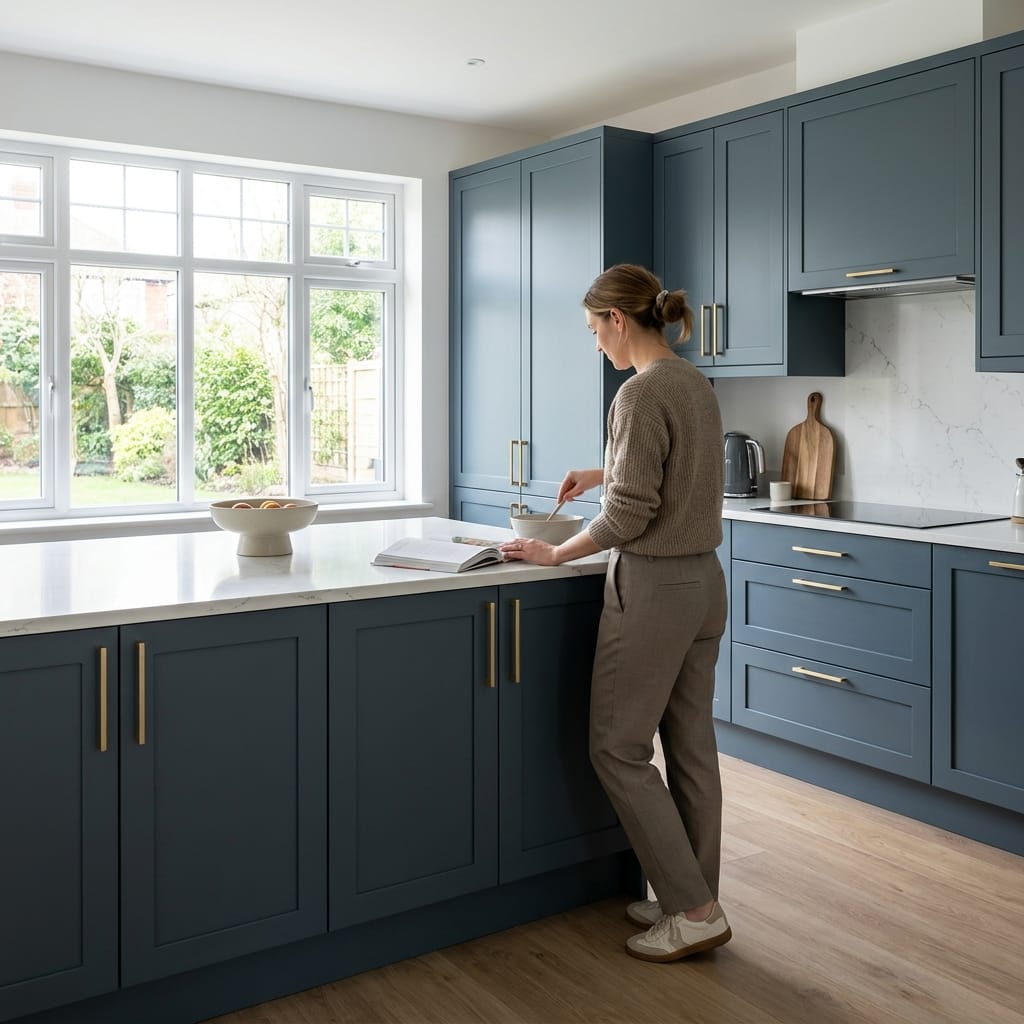 woman reading recipe in blue shaker-style kitchen with gold handles and marble worktop