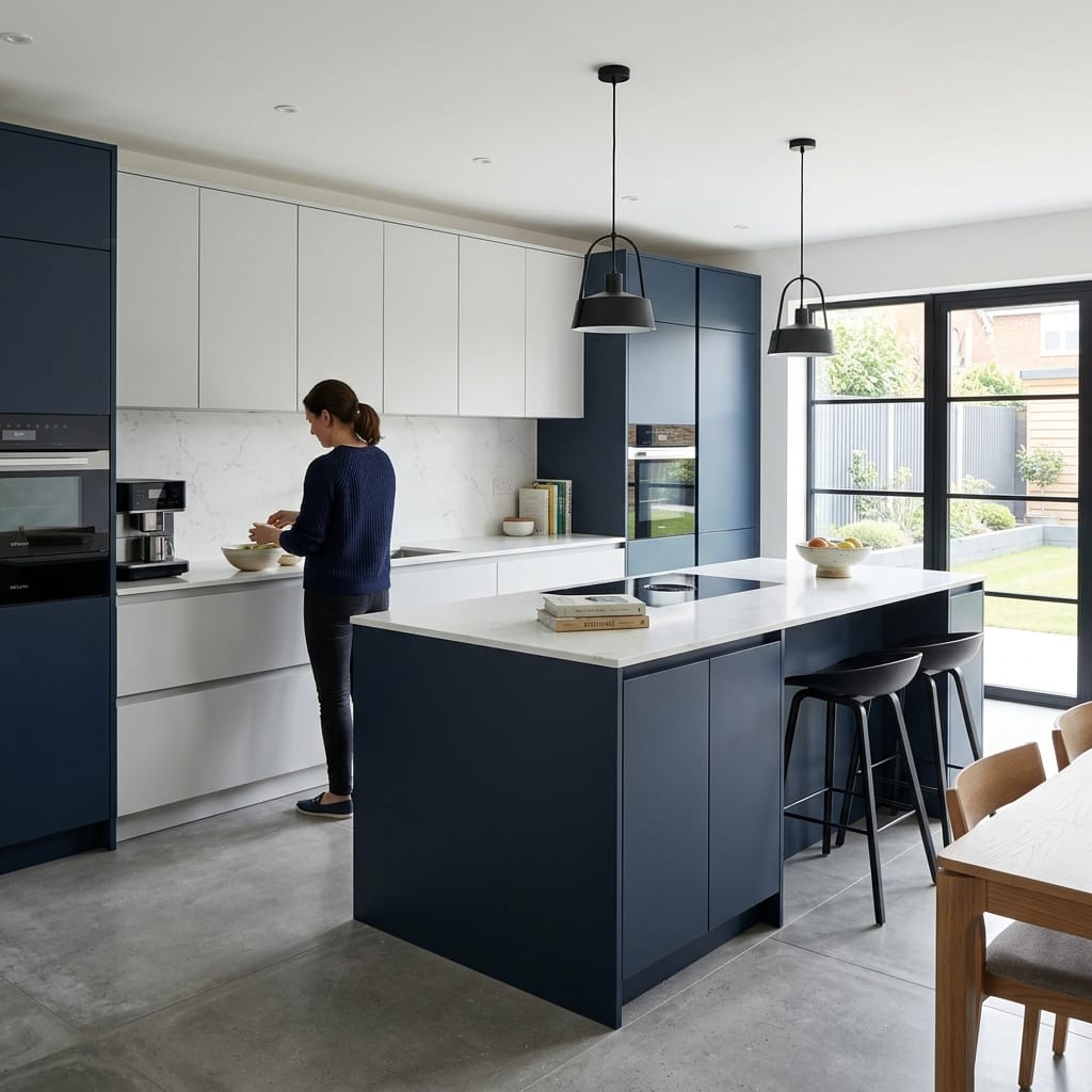 Modern kitchen with navy units, white worktops and large windows