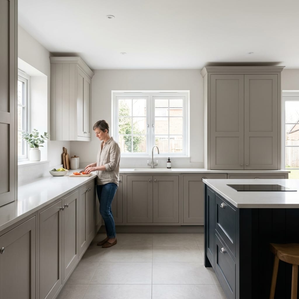square2_800x800-162 Grey shaker-style kitchen with white worktops and central navy island