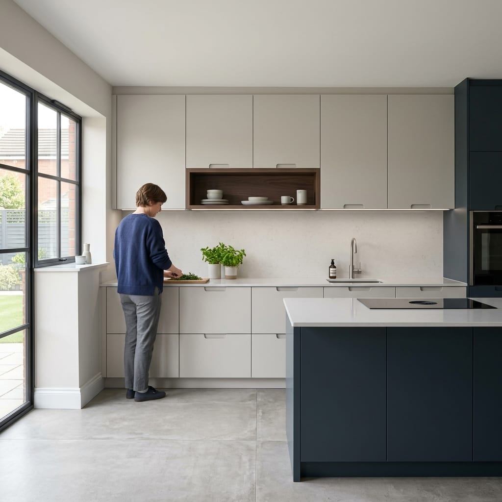 modern kitchen with matte grey cabinets, white worktops and large window