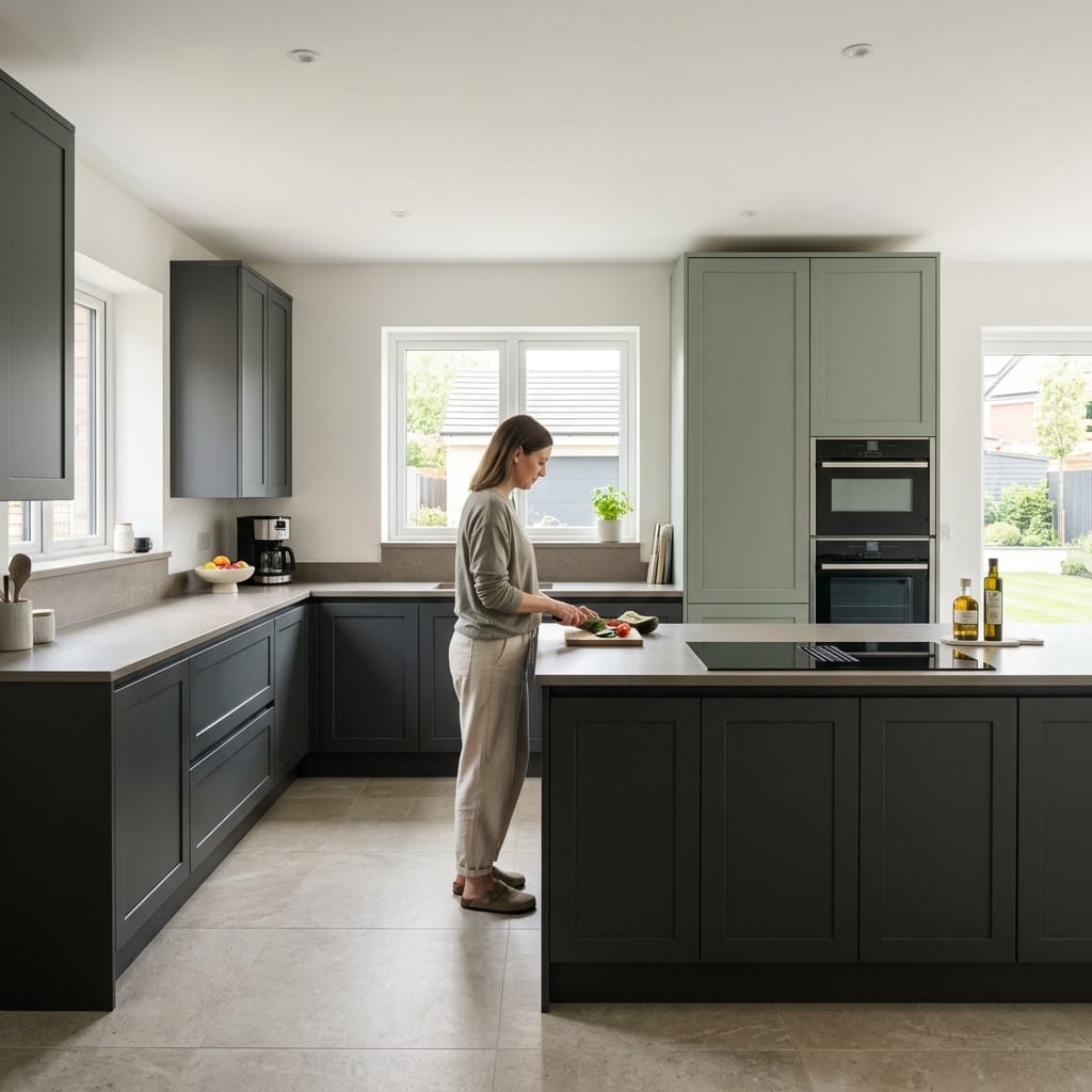 matte dark grey kitchen units with central island and large windows