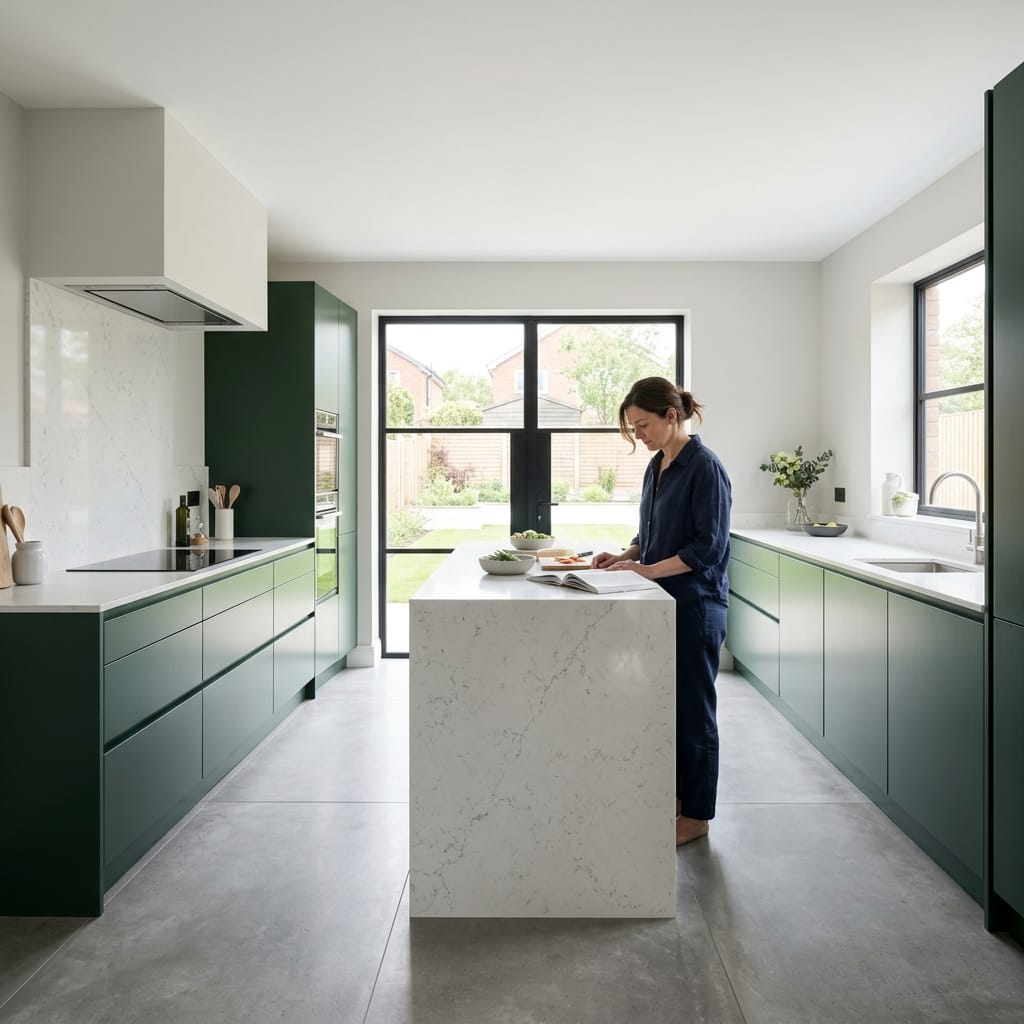Modern kitchen with green cabinets, marble island, and large black-framed windows
