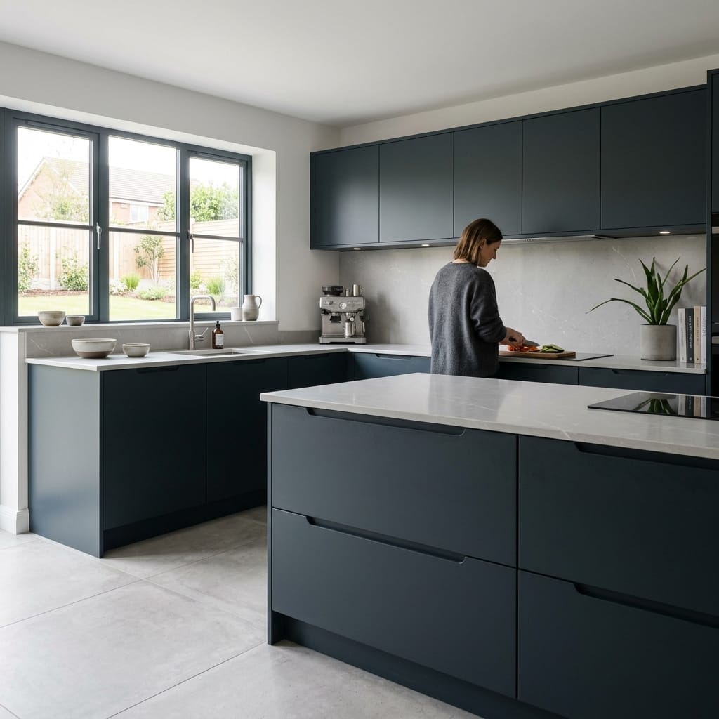 matte dark blue handleless kitchen units with pale worktops and large window