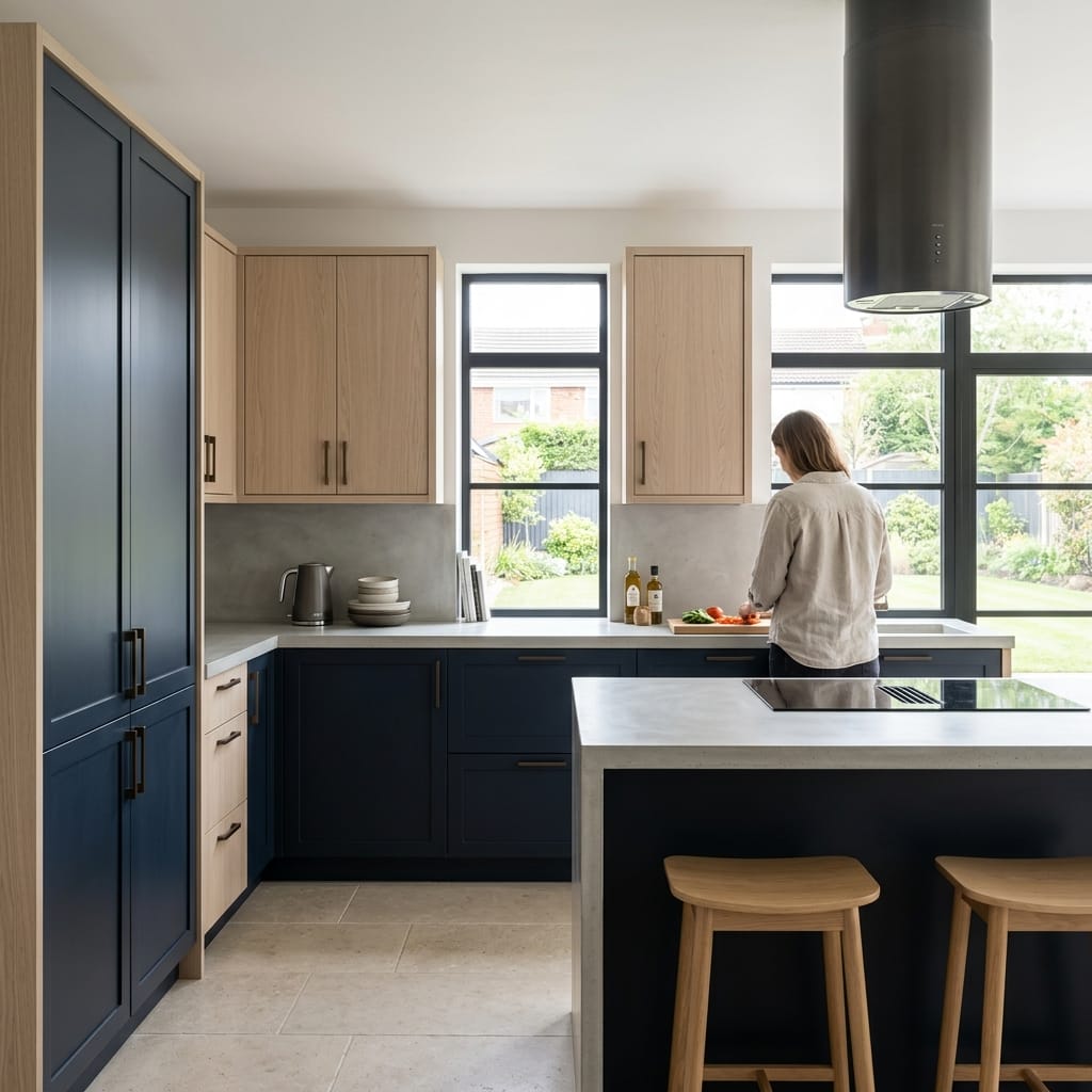 Modern kitchen with navy and light wood cabinets, large windows, and island seating