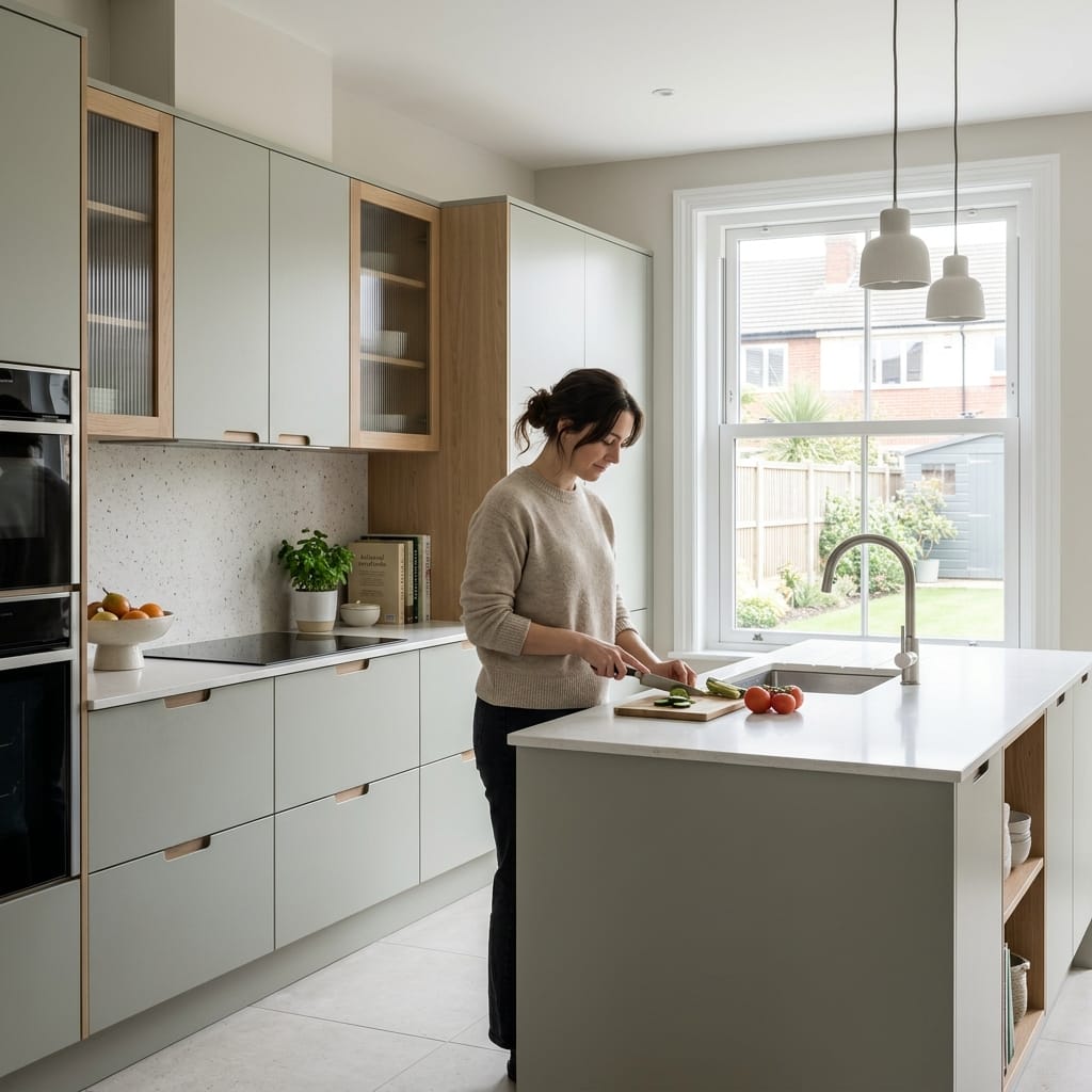 modern kitchen with pale green cabinets and large window overlooking garden