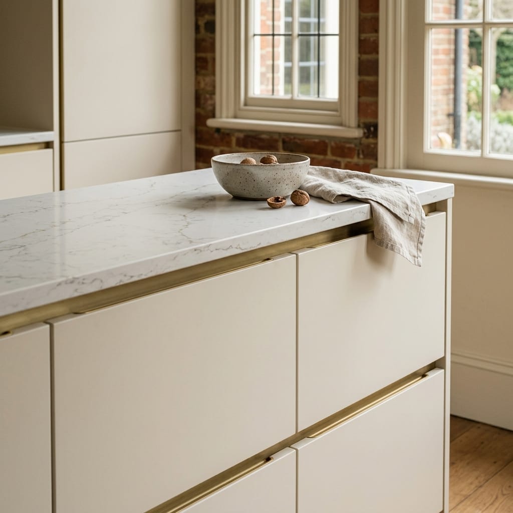 cream kitchen island with marble effect worktop and gold trim detail