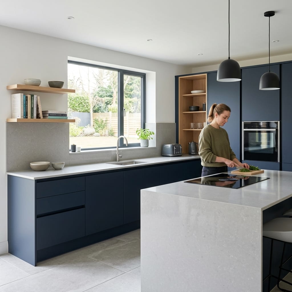 matte navy units with pale stone worktops and open wooden shelving