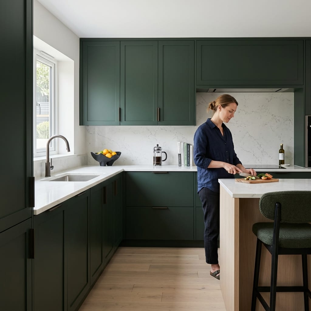 dark green kitchen units with white marble worktops and light wood flooring
