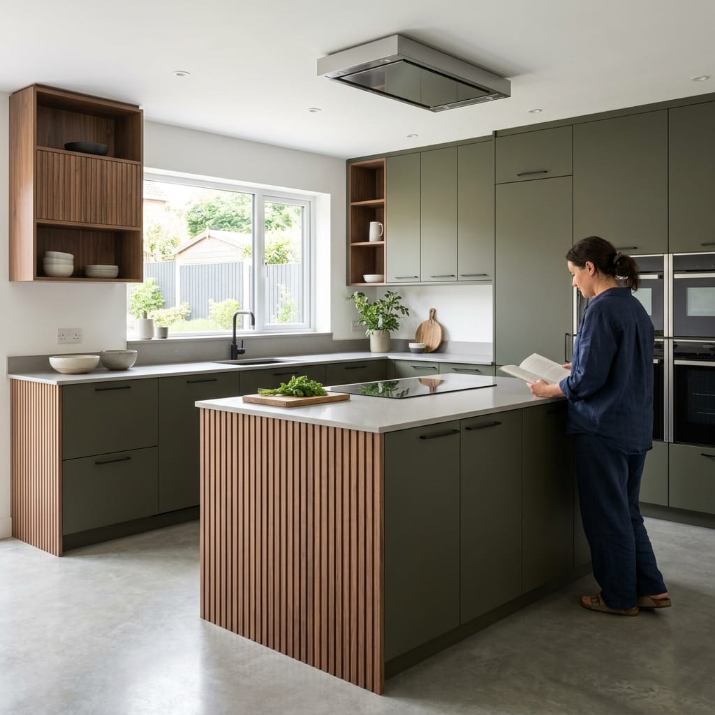 Olive green kitchen with vertical wood slat island and open shelving