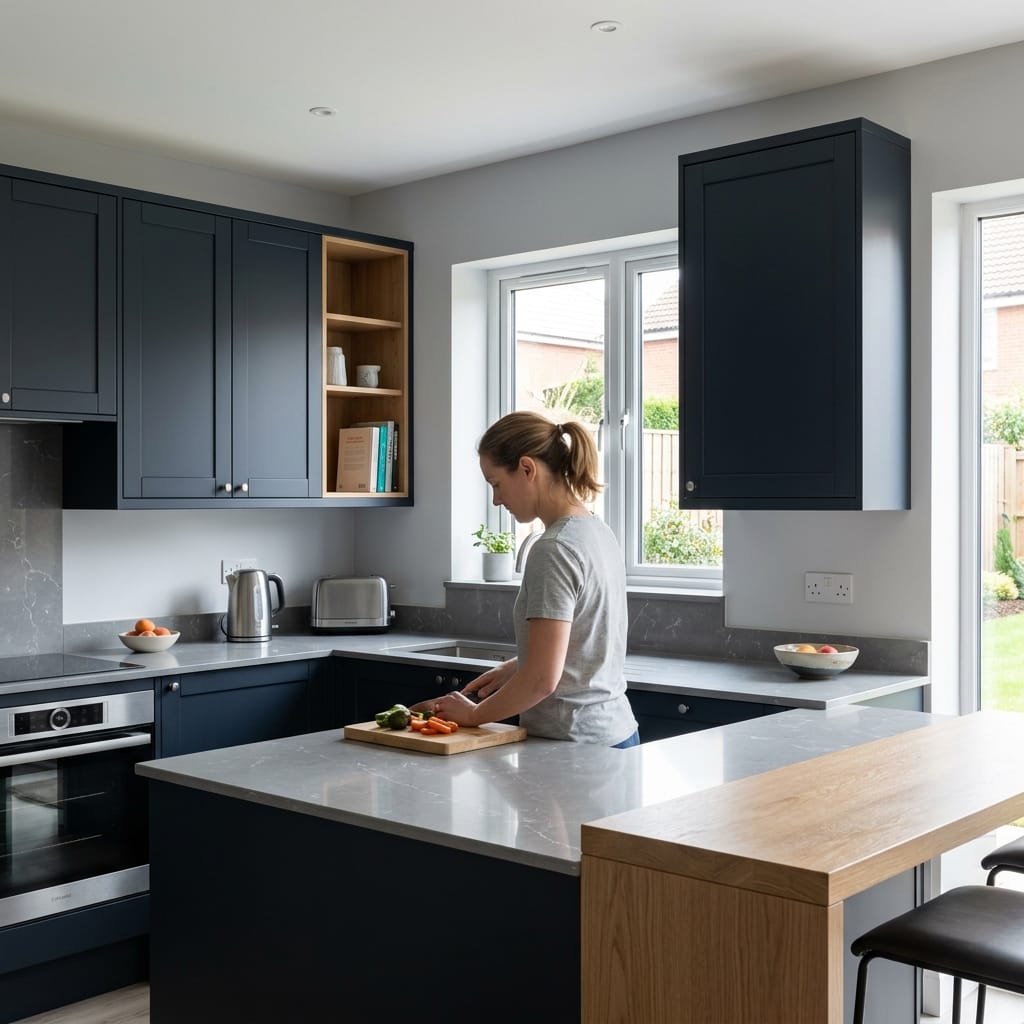 square2_800x800-176 modern kitchen with dark blue cabinets, marble worktops and wooden breakfast bar