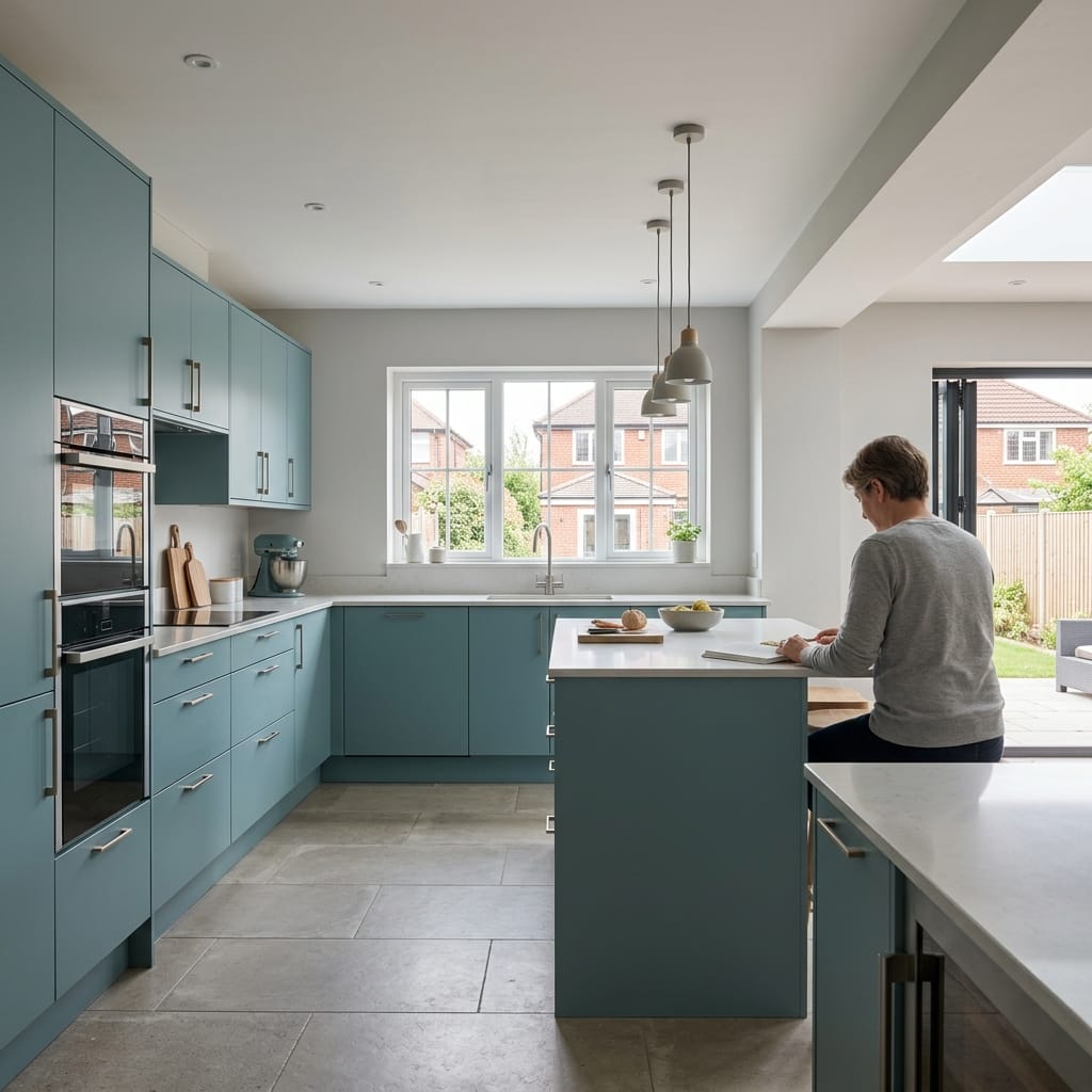modern kitchen with matte blue cabinets and large central island
