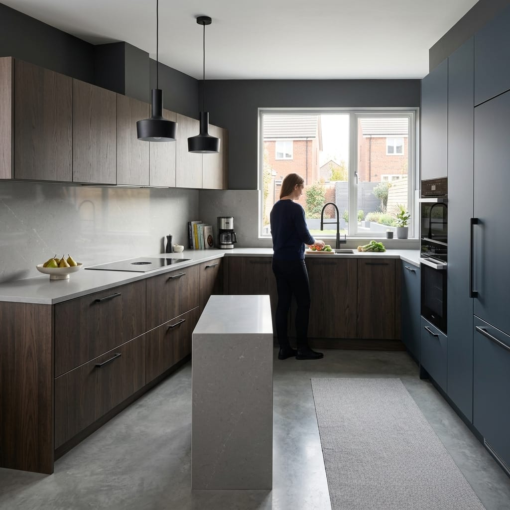 modern kitchen with dark wood units, grey worktops, and pendant lighting