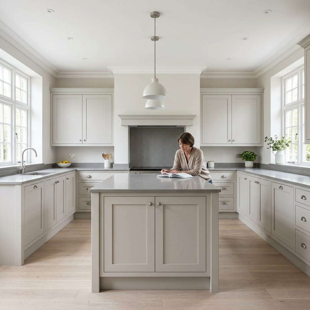 light grey kitchen with central island and woman reading at counter
