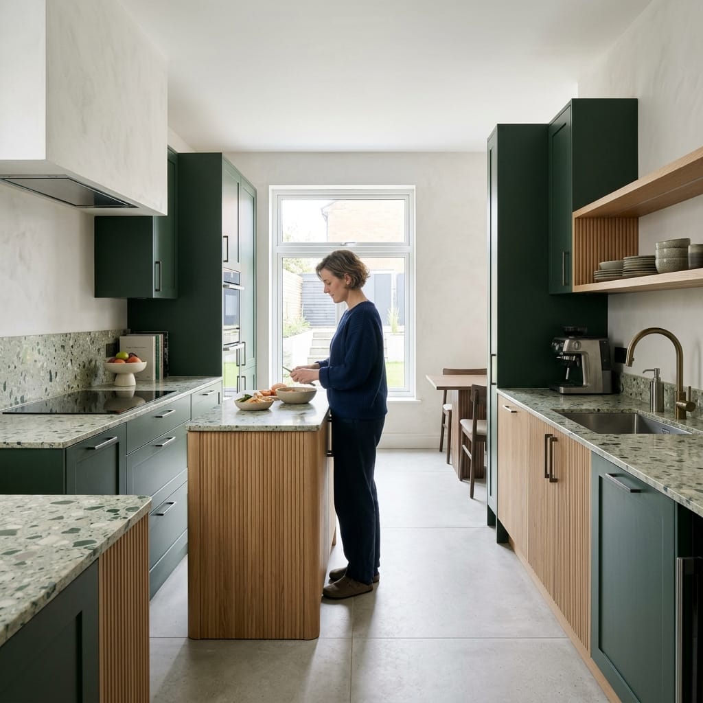 square2_800x800-182 Green and wood kitchen with terrazzo worktops and central fluted island