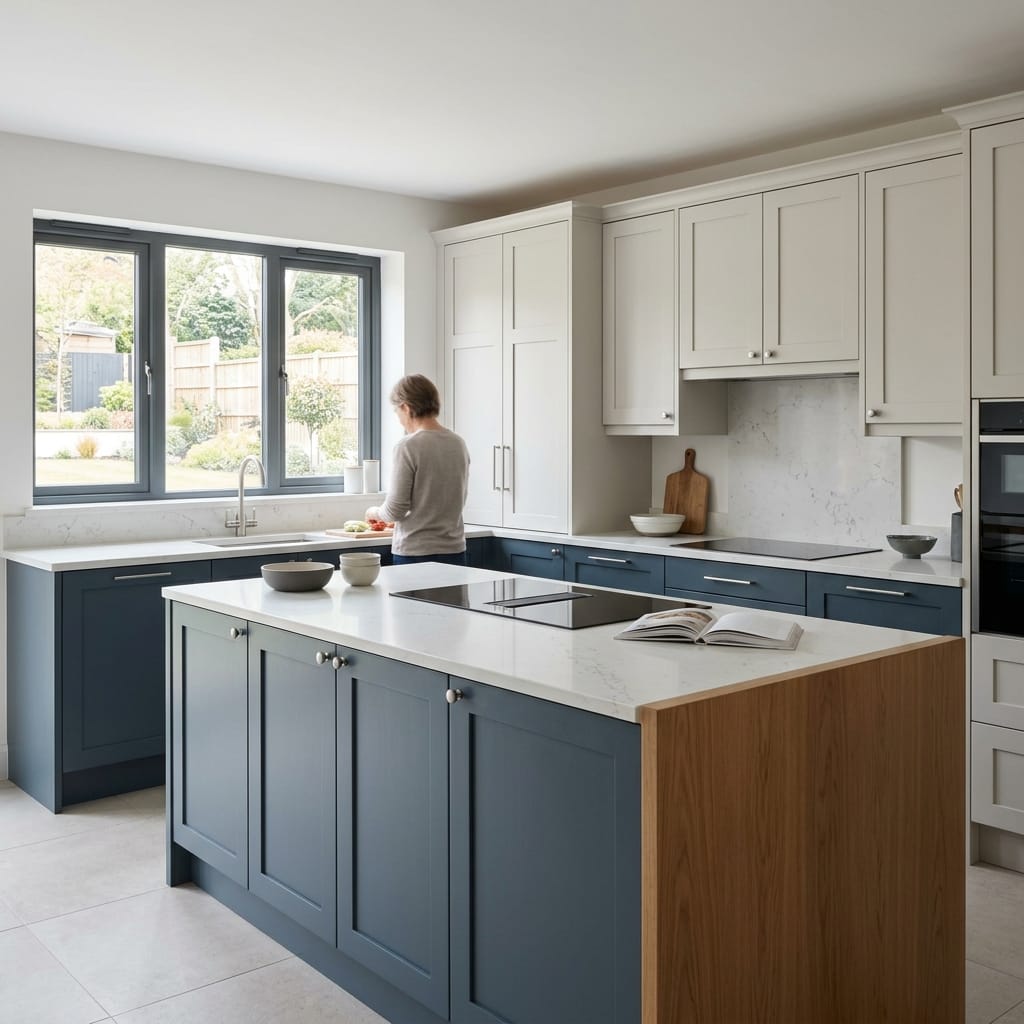 blue and white kitchen with marble worktops and large window