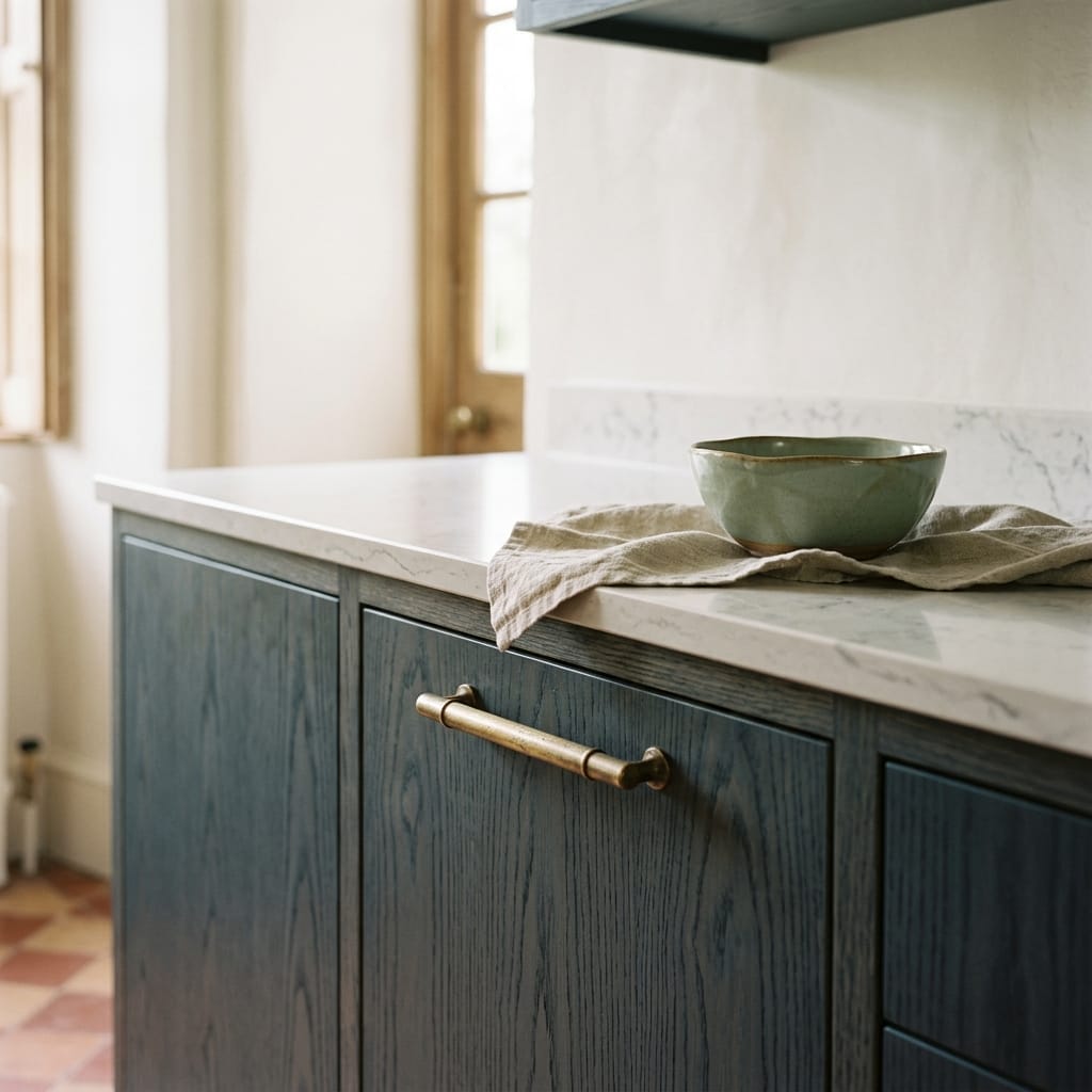 Blue wood grain cupboards with brass handle and marble worktop in Mastercraft kitchen