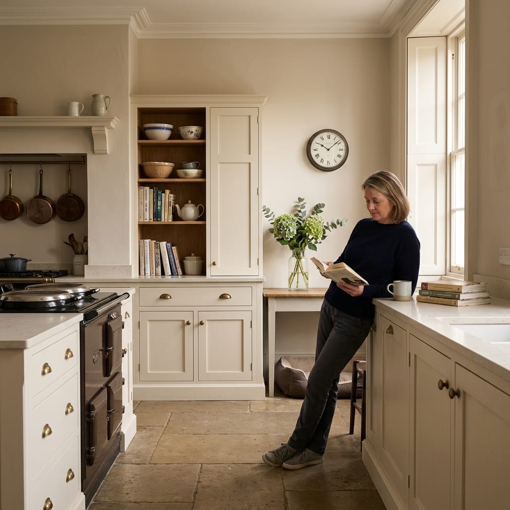 cream kitchen with open shelving, stone floor, and woman reading by window