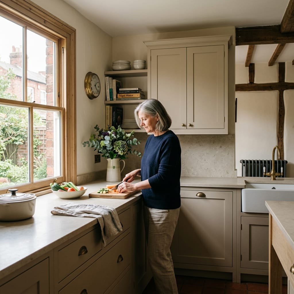 Classic kitchen with cream cupboards, wooden beams and large window, Mastercraft kitchen style