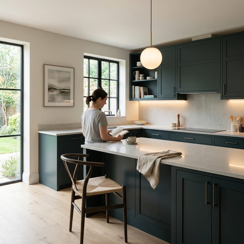 Bespoke kitchen designed for a Wood End home, quality materials and considered layout
